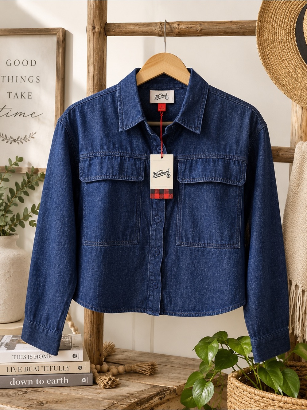 NWT Woolrich Cropped Denim Utility Shirt Jacket Dark Wash 100% Cotton Size Small - Picture 1 of 7